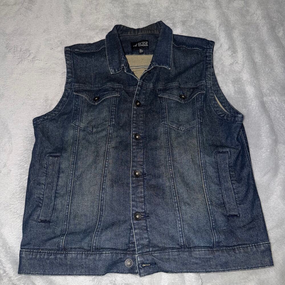 RUDE Denim Vest Men’s XL Blue Skull Graphic Sugar Skull Back Patch